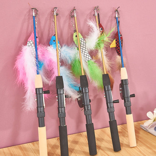Fish Shape Telescopic Feathers Cat Stick Pet Toy Rods Simulation Fishing Rod Kitten Funny Playing Toy